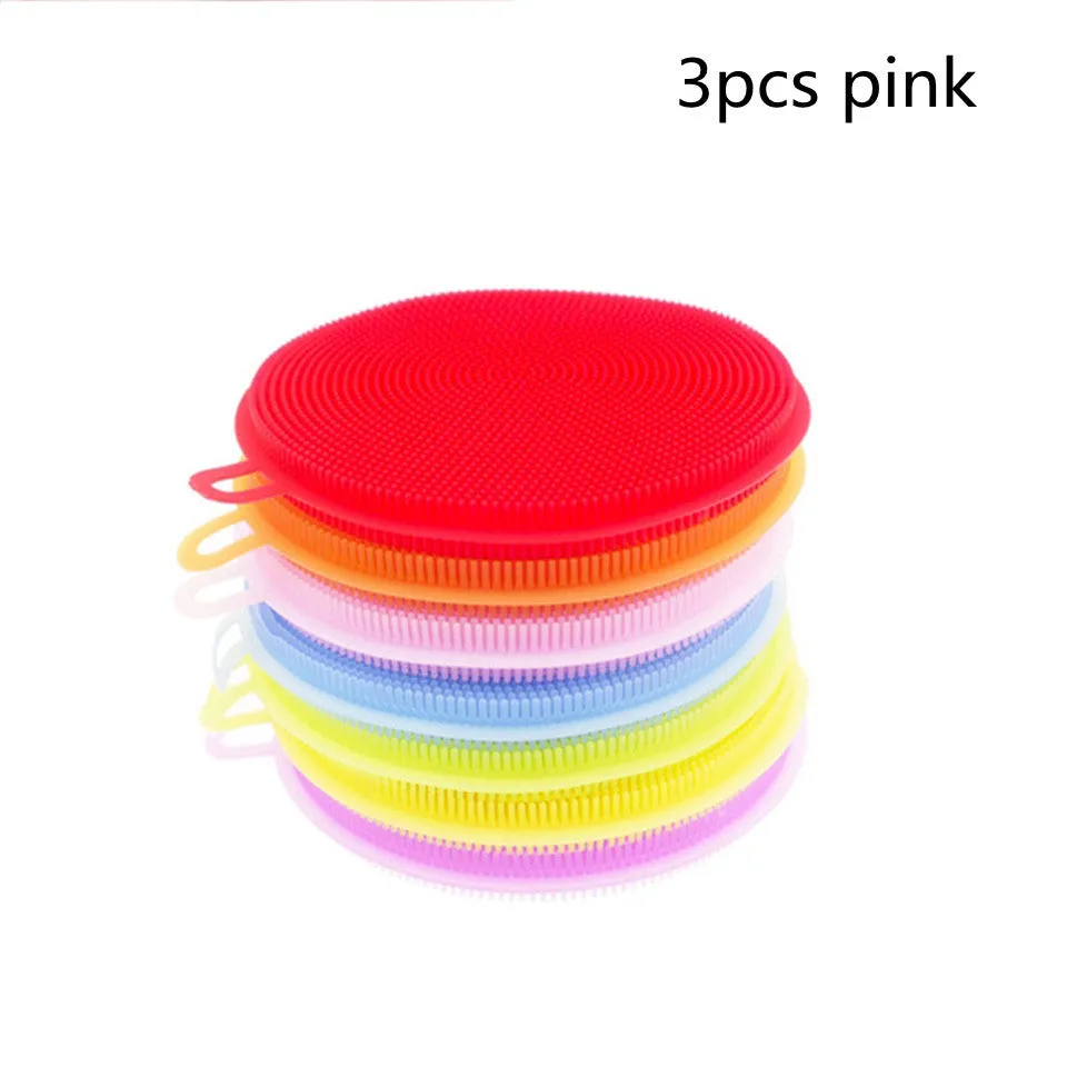 Set of silicone dishwasher cleaning brushes in assorted colours, 115mm diameter, heat resistant for kitchen use