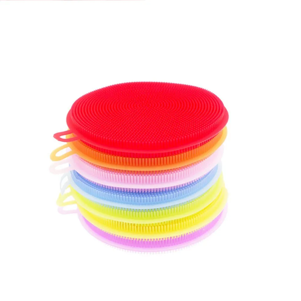 Set of silicone dishwasher cleaning brushes in assorted colours, 115mm diameter, heat resistant for kitchen use