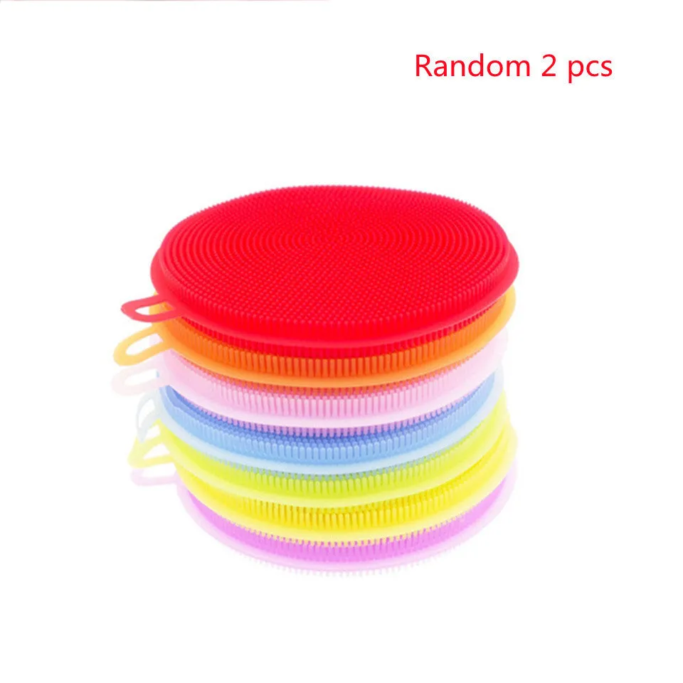 Set of silicone dishwasher cleaning brushes in assorted colours, 115mm diameter, heat resistant for kitchen use
