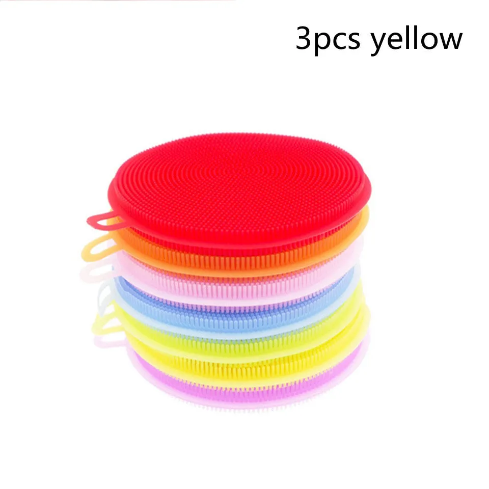 Set of silicone dishwasher cleaning brushes in assorted colours, 115mm diameter, heat resistant for kitchen use