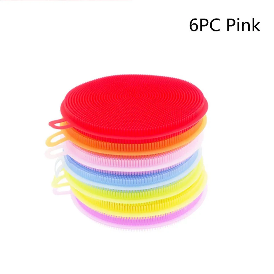 Set of silicone dishwasher cleaning brushes in assorted colours, 115mm diameter, heat resistant for kitchen use