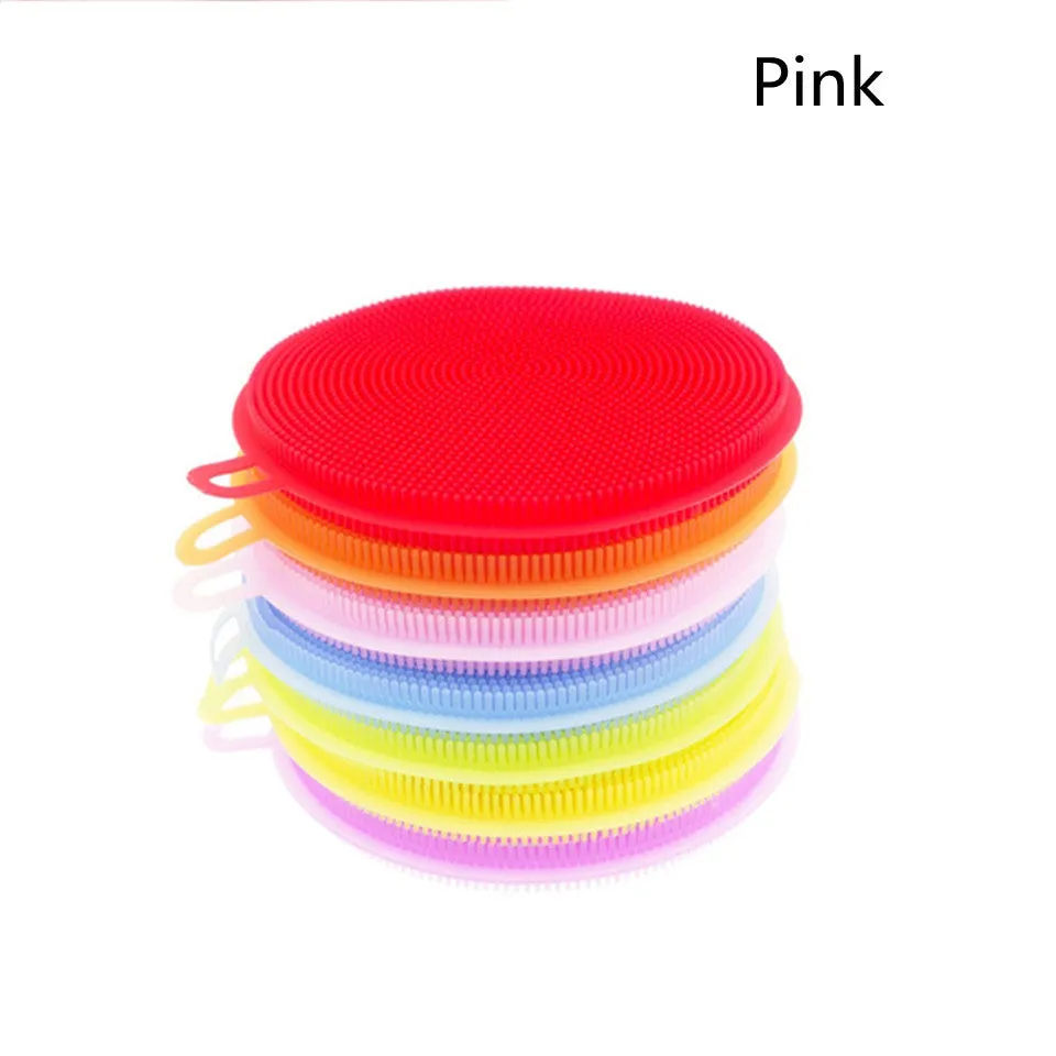 Set of silicone dishwasher cleaning brushes in assorted colours, 115mm diameter, heat resistant for kitchen use