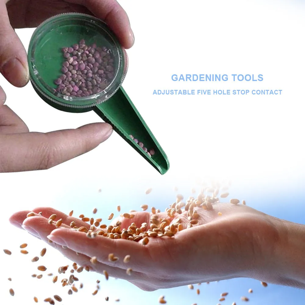 5-speed adjustable plastic seed sower in green with transparent body, 12cm length, for gardening planting
