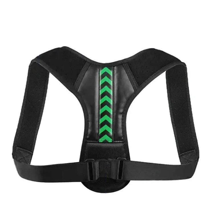 Anti camel sitting posture correction belt in black green colour showing adjustable nylon webbing straps