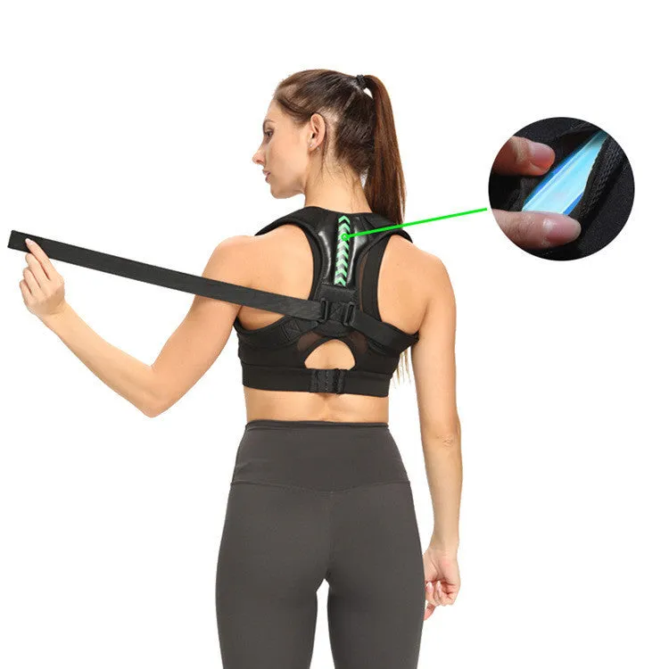 Anti camel sitting posture correction belt in black green colour showing adjustable nylon webbing straps