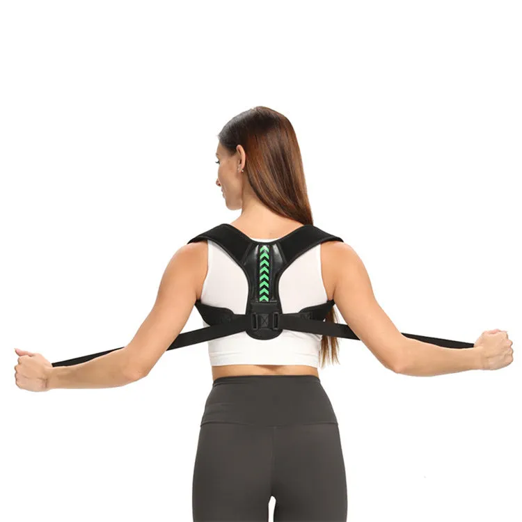 Anti camel sitting posture correction belt in black green colour showing adjustable nylon webbing straps