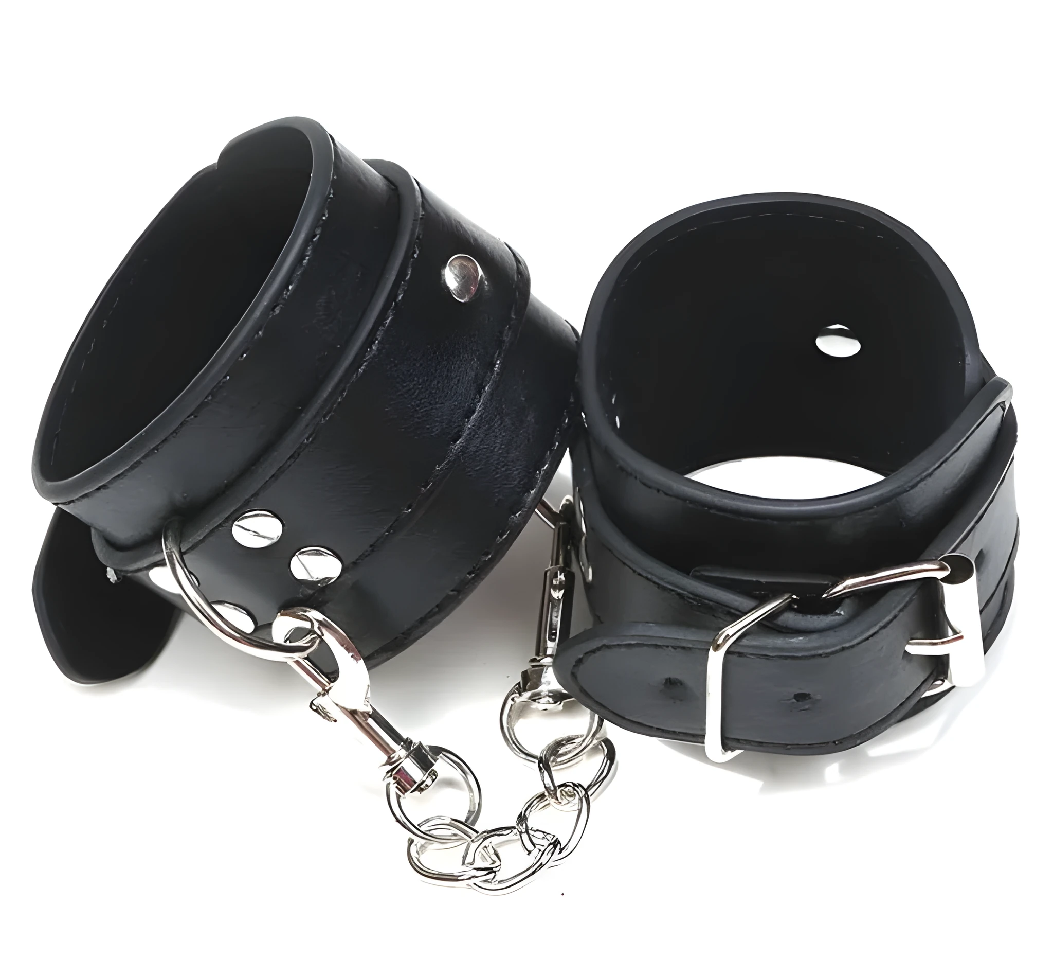 Pair of black PU leather BDSM handcuffs with adjustable metal buckle and connecting link