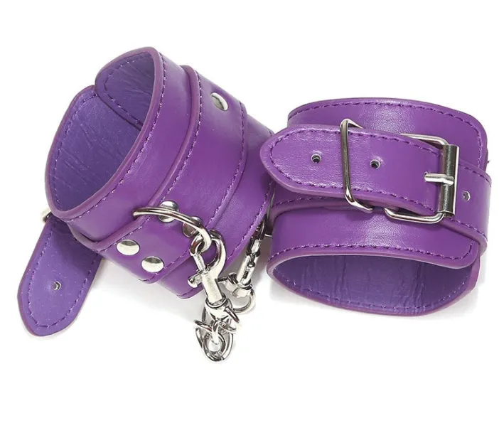 Pair of black PU leather BDSM handcuffs with adjustable metal buckle and connecting link
