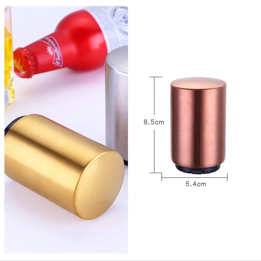 Silver magnetic automatic bottle opener with stainless steel body and brushed finish on kitchen countertop