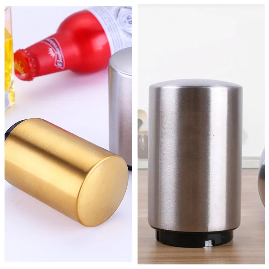 Silver magnetic automatic bottle opener with stainless steel body and brushed finish on kitchen countertop