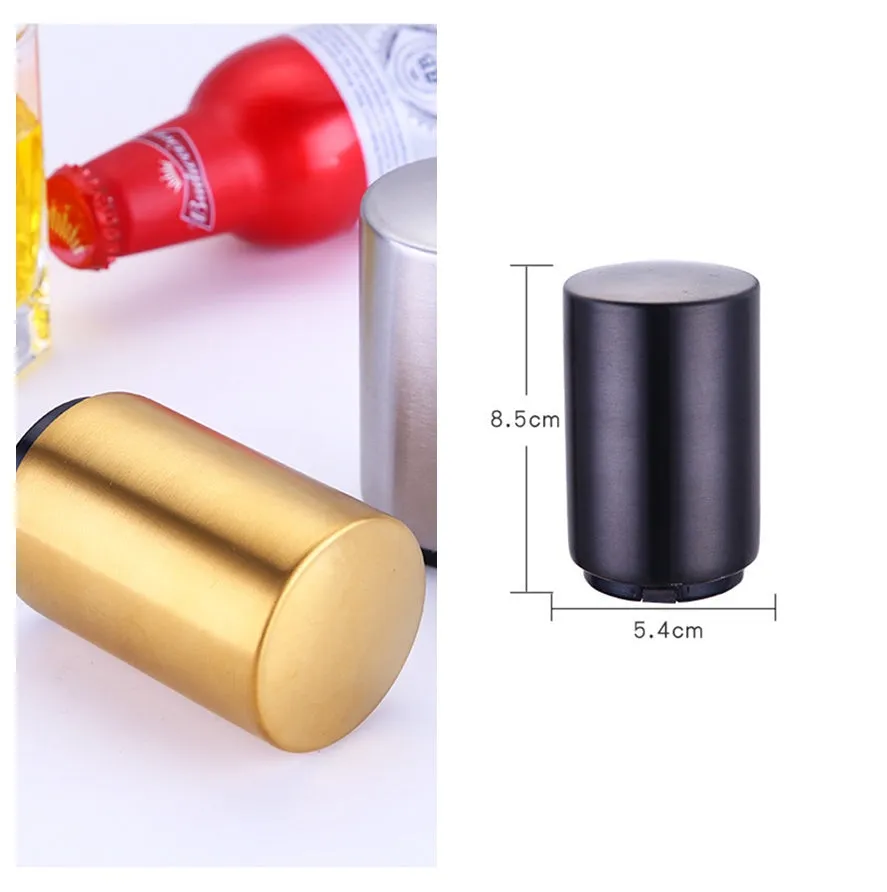 Silver magnetic automatic bottle opener with stainless steel body and brushed finish on kitchen countertop