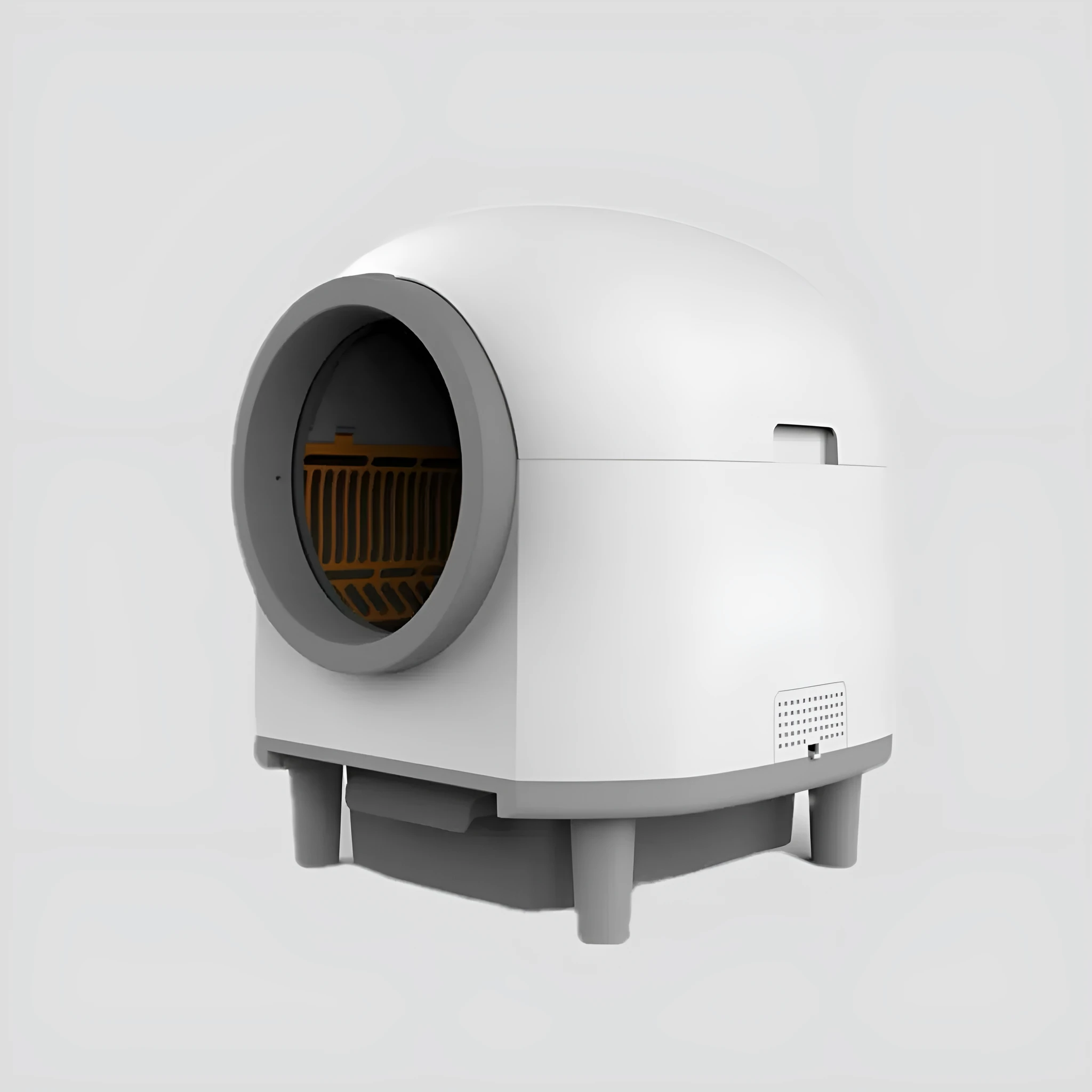 White fully enclosed automatic cat litter box for indoor use with cats.