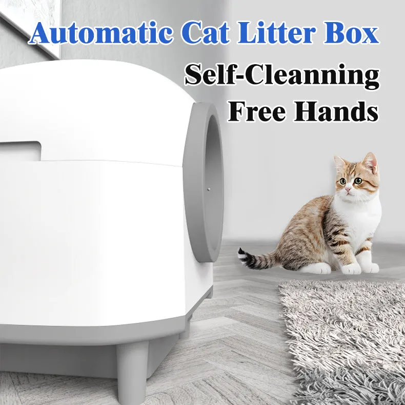 White fully enclosed automatic cat litter box for indoor use with cats.