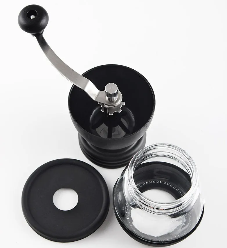 Beech wood hand grinder coffee machine with black finish, 88 mm wide, on a table