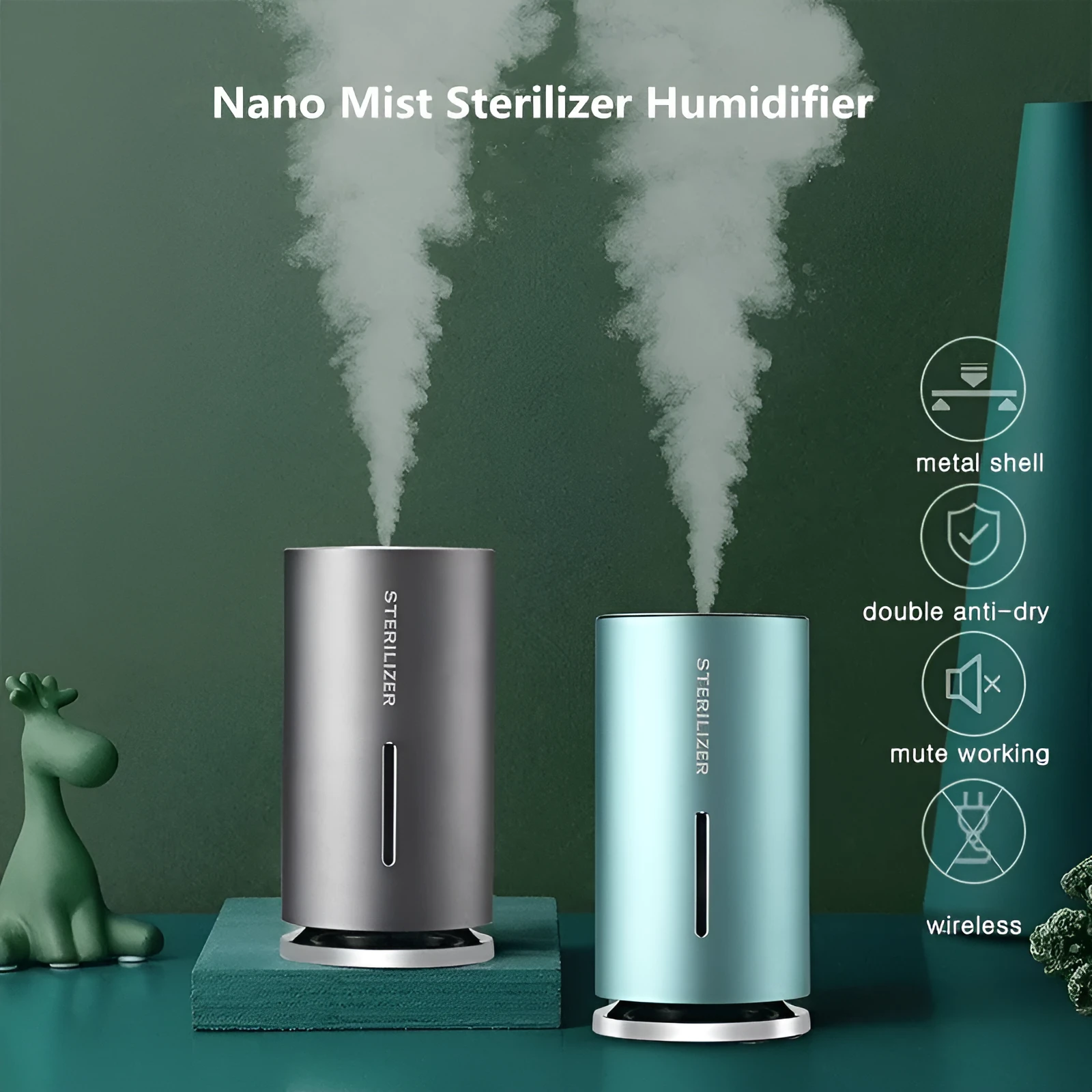 Smart induction spray air humidifier with 1200mAh battery, 150ml tank, in black colour