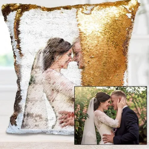 Custom photo sequins throw pillowcase 40x40cm gold front with personalised picture