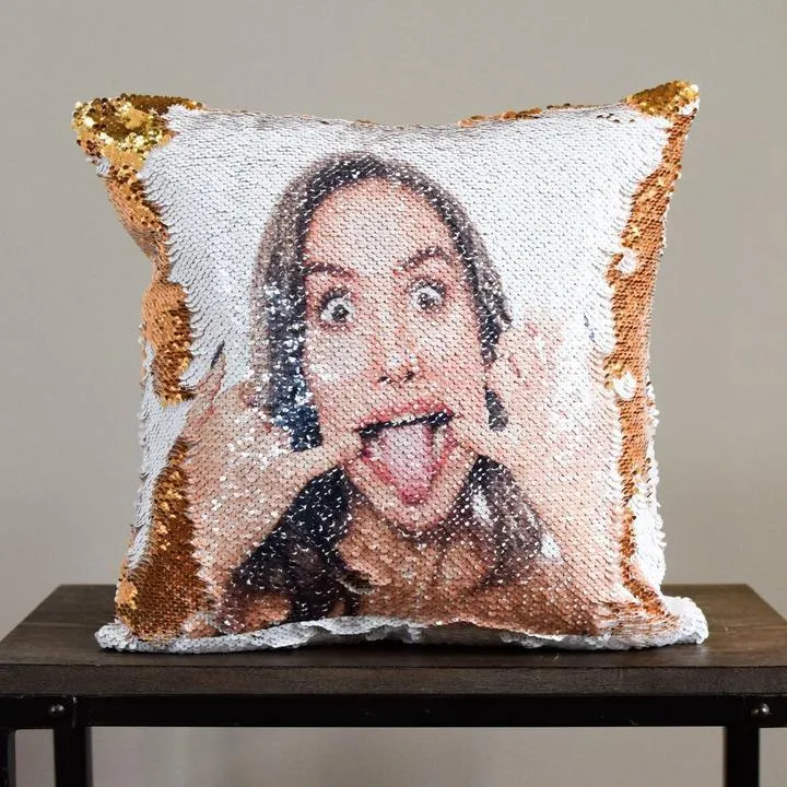 Custom photo sequins throw pillowcase 40x40cm gold front with personalised picture