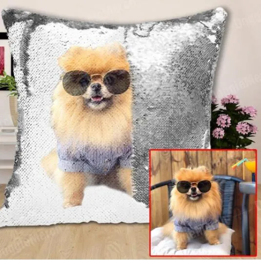 Custom photo sequins throw pillowcase 40x40cm gold front with personalised picture