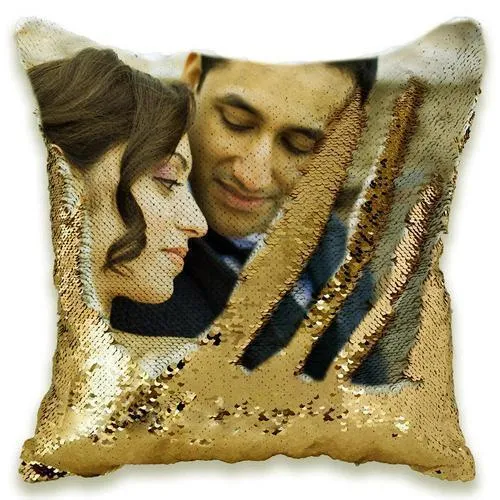 Custom photo sequins throw pillowcase 40x40cm gold front with personalised picture