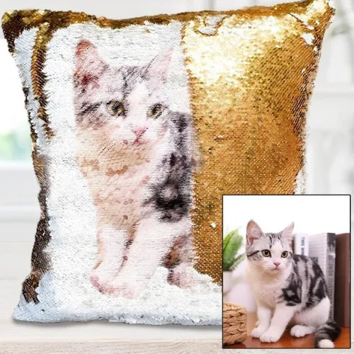 Custom photo sequins throw pillowcase 40x40cm gold front with personalised picture