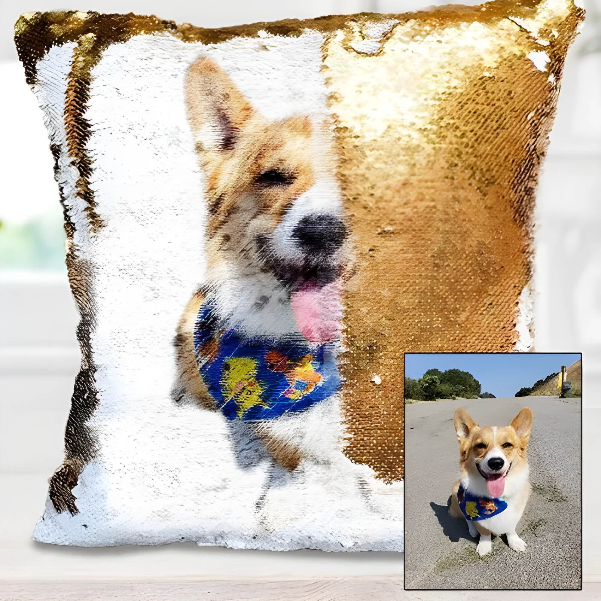 Custom photo sequins throw pillowcase 40x40cm gold front with personalised picture