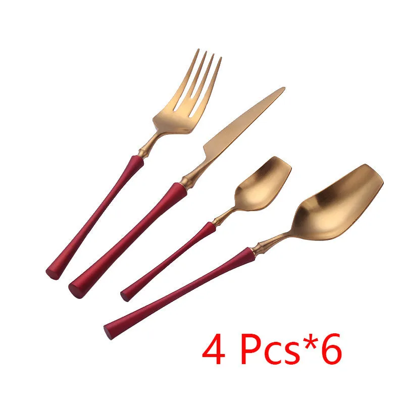 Stainless steel cutlery set with main knife, main fork, main spoon, and teaspoon in silver finish