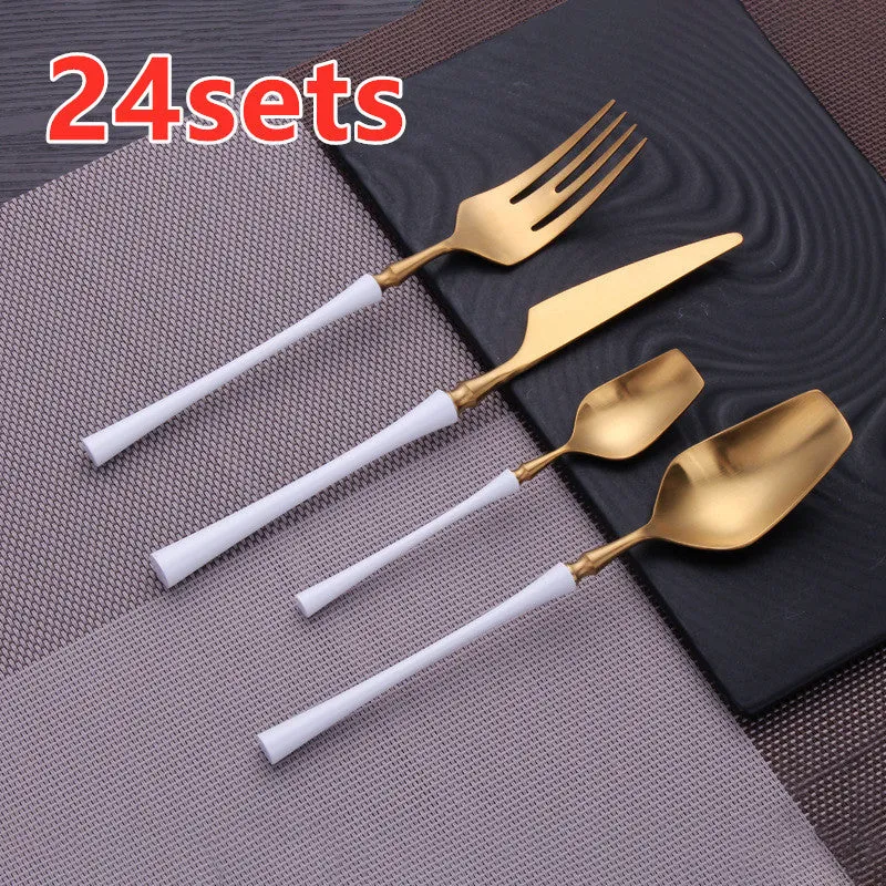 Stainless steel cutlery set with main knife, main fork, main spoon, and teaspoon in silver finish