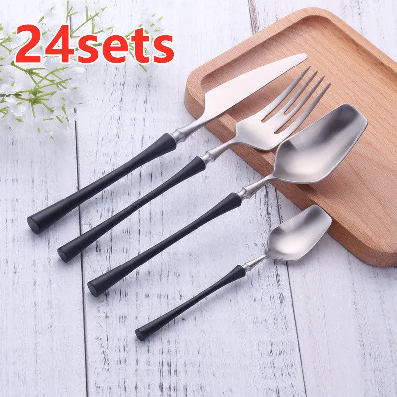 Stainless steel cutlery set with main knife, main fork, main spoon, and teaspoon in silver finish