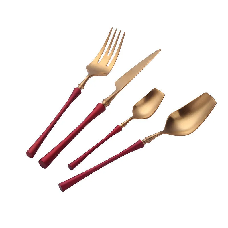 Stainless steel cutlery set with main knife, main fork, main spoon, and teaspoon in silver finish