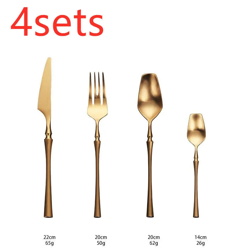 Stainless steel cutlery set with main knife, main fork, main spoon, and teaspoon in silver finish