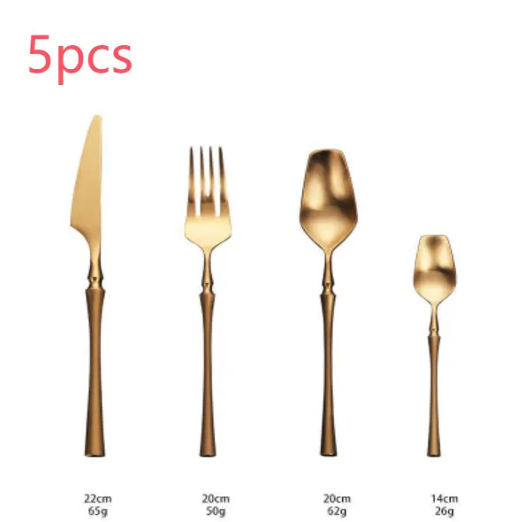 Stainless steel cutlery set with main knife, main fork, main spoon, and teaspoon in silver finish