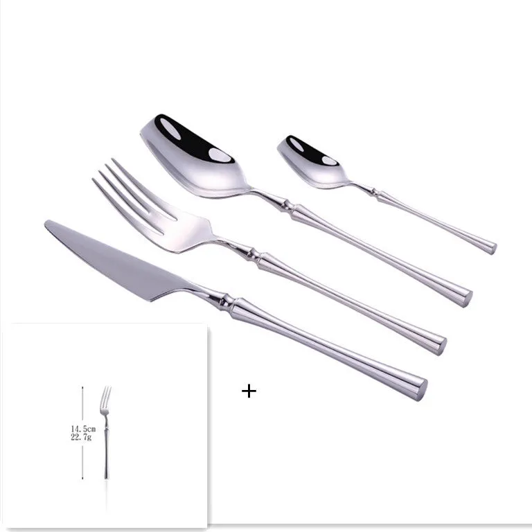 Stainless steel cutlery set with main knife, main fork, main spoon, and teaspoon in silver finish