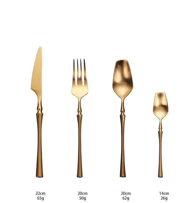 Stainless steel cutlery set with main knife, main fork, main spoon, and teaspoon in silver finish
