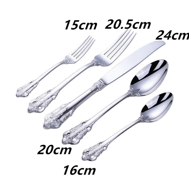 Stainless steel cutlery set with main knife, main fork, main spoon, and teaspoon in silver finish