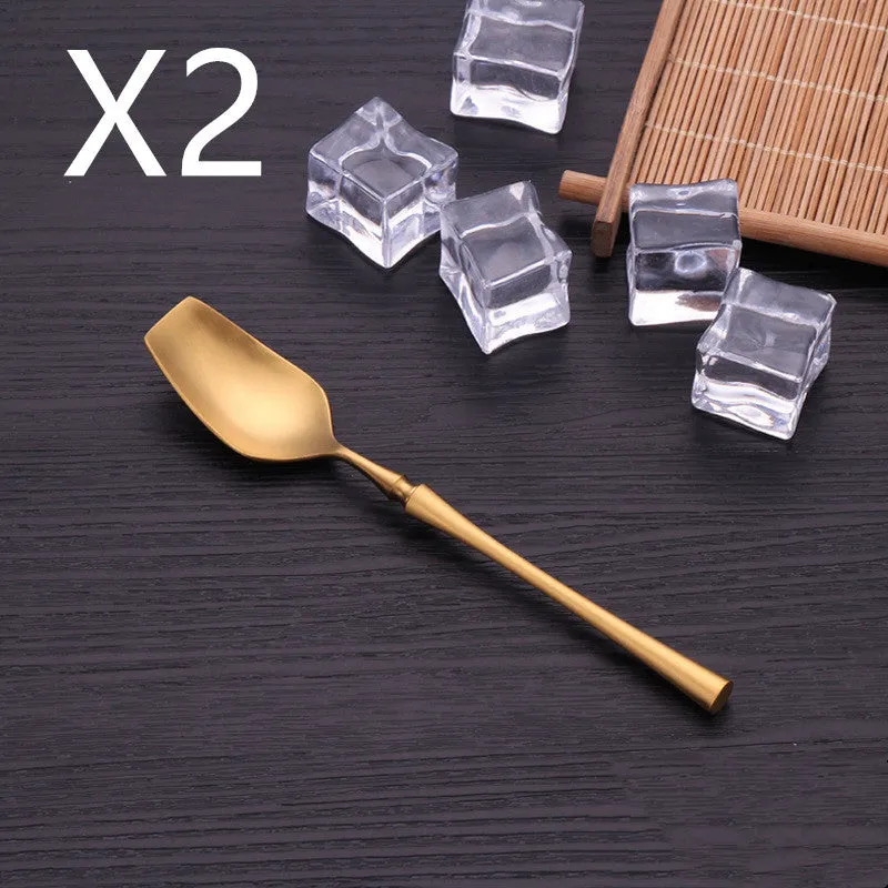 Stainless steel cutlery set with main knife, main fork, main spoon, and teaspoon in silver finish