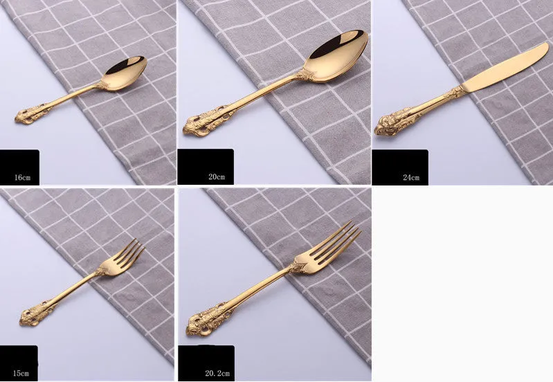 Stainless steel cutlery set with main knife, main fork, main spoon, and teaspoon in silver finish