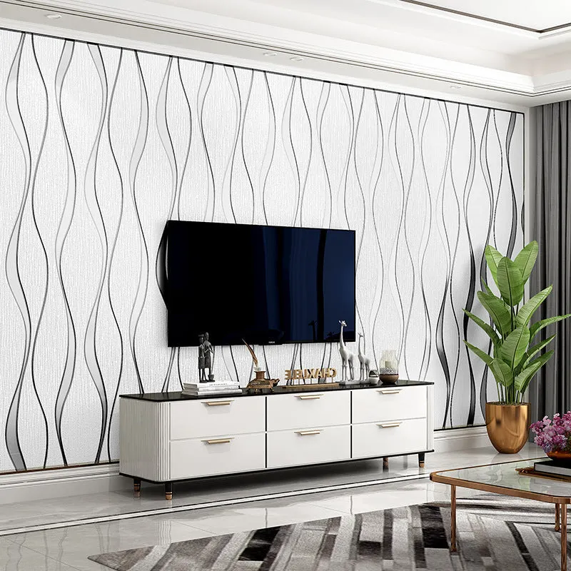 Close-up of dark brown 3D curve stripe textured wallpaper with deerskin velvet finish.