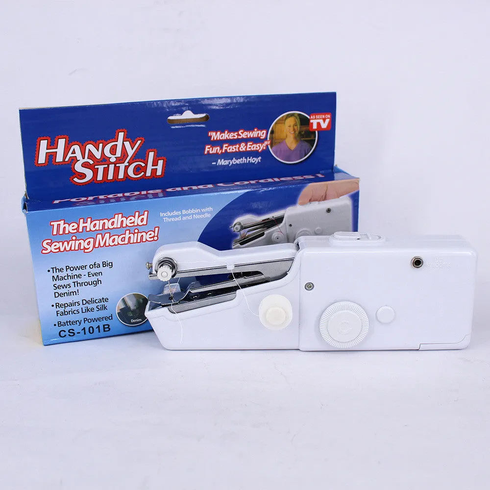 Portable mini handheld sewing machine in black with ABS alloy body, compact 20x7x3 cm size, for cordless sewing of clothes and fabrics