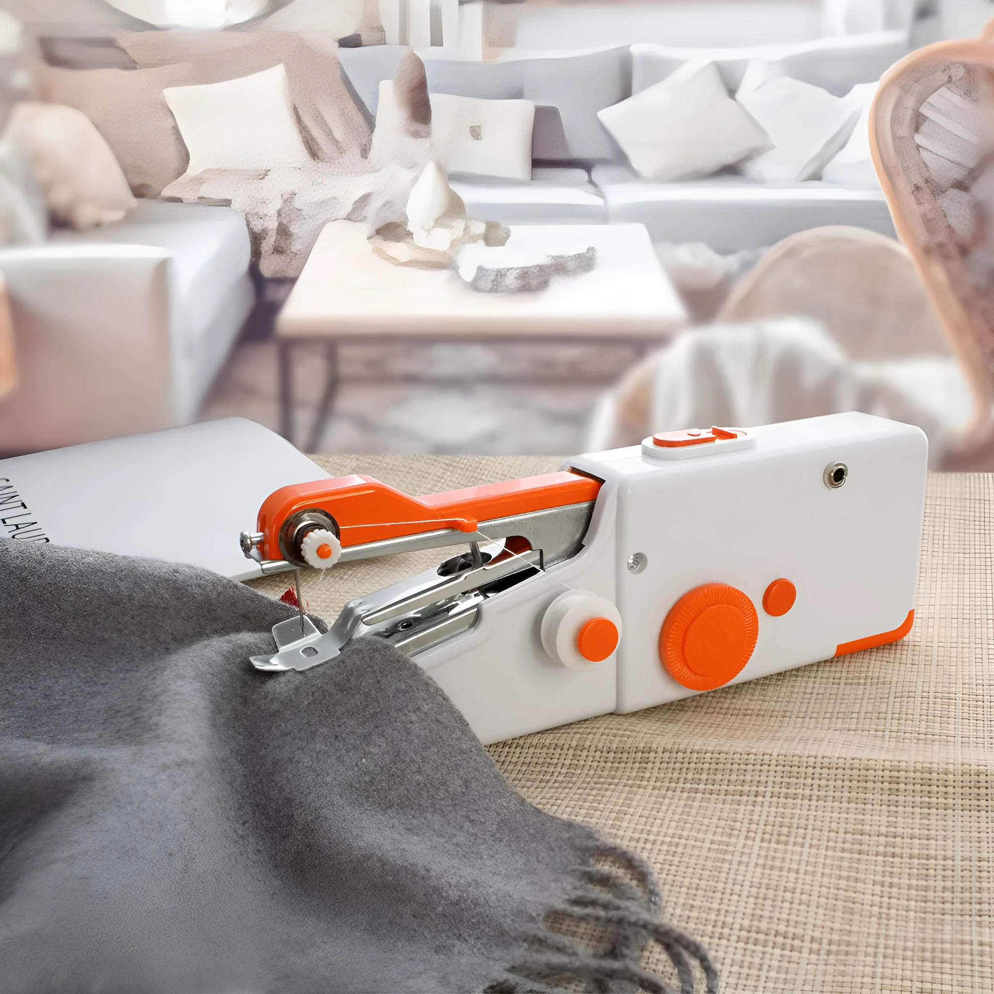 Portable mini handheld sewing machine in black with ABS alloy body, compact 20x7x3 cm size, for cordless sewing of clothes and fabrics