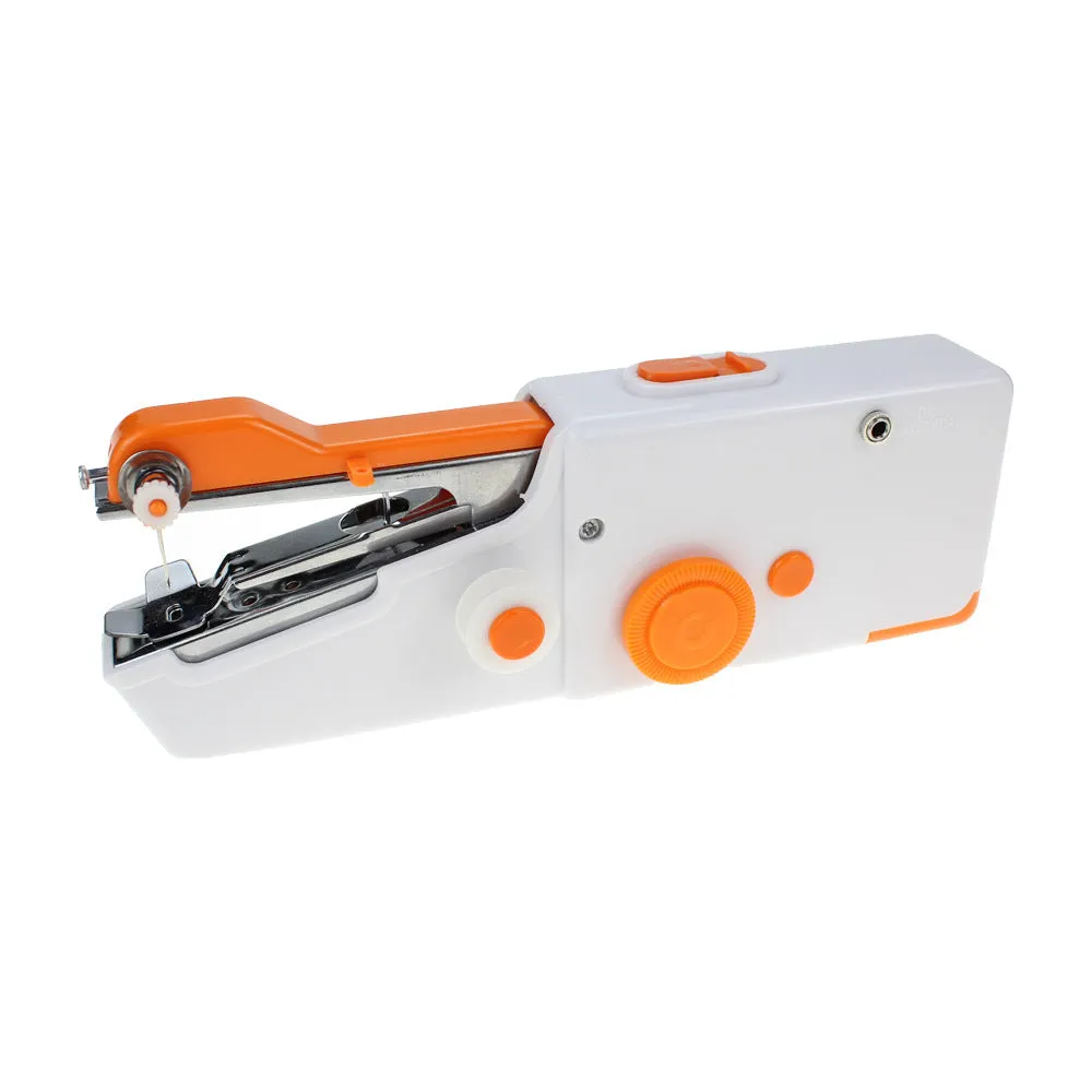 Portable mini handheld sewing machine in black with ABS alloy body, compact 20x7x3 cm size, for cordless sewing of clothes and fabrics