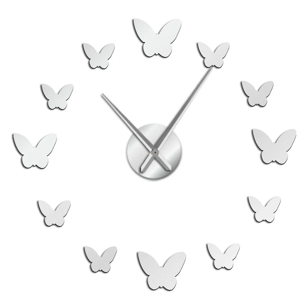3D mirror wall clock butterfly design round Scandinavian style black gold silver home decor