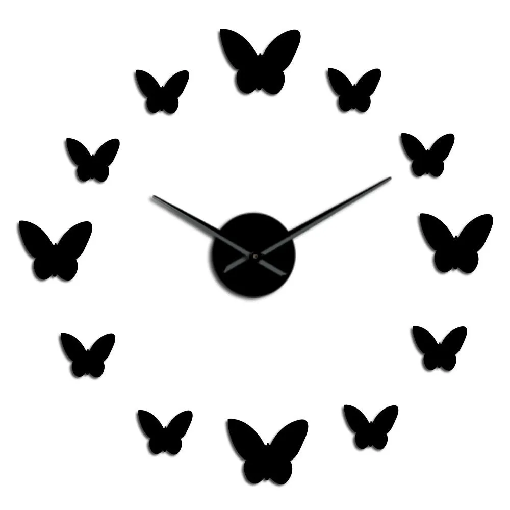 3D mirror wall clock butterfly design round Scandinavian style black gold silver home decor
