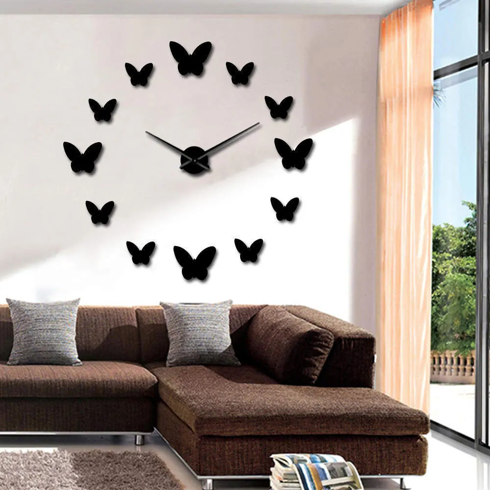 3D mirror wall clock butterfly design round Scandinavian style black gold silver home decor