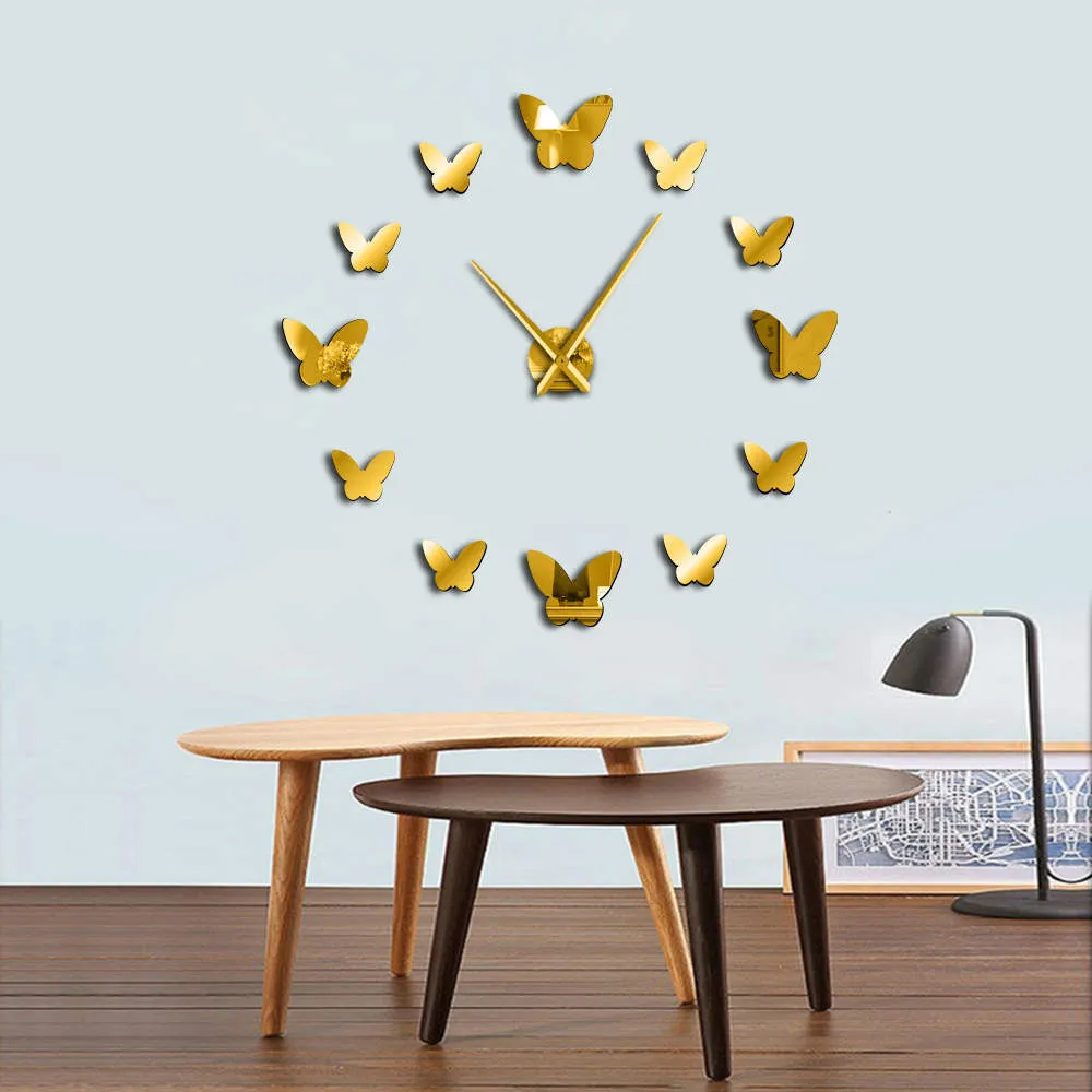 3D mirror wall clock butterfly design round Scandinavian style black gold silver home decor