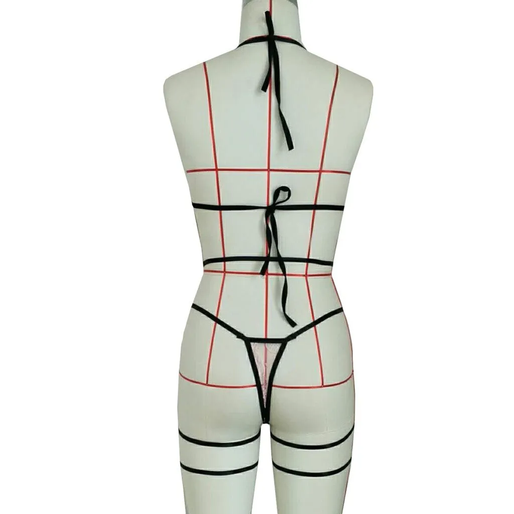 Pink lace hollow three-point lingerie set with leg straps, nylon fabric, side view on model