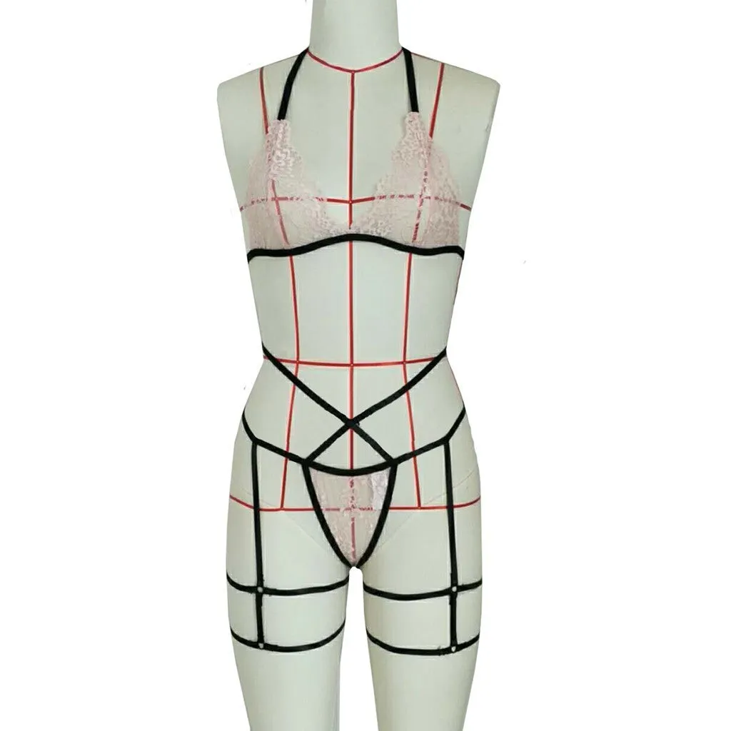 Pink lace hollow three-point lingerie set with leg straps, nylon fabric, side view on model