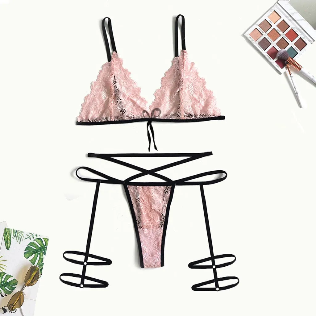 Pink lace hollow three-point lingerie set with leg straps, nylon fabric, side view on model