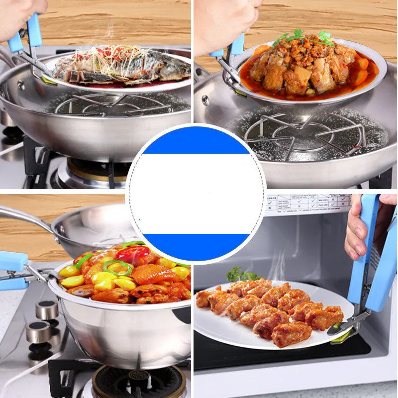 Stainless steel tray holder with non-slip chuck and widened handle in blue colour