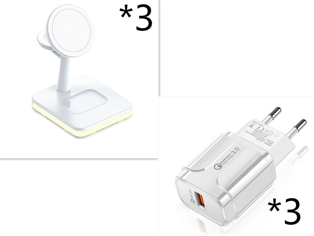 3-in-1 wireless charger magnetic bracket charging smartphone, watch, and earbuds on a desk