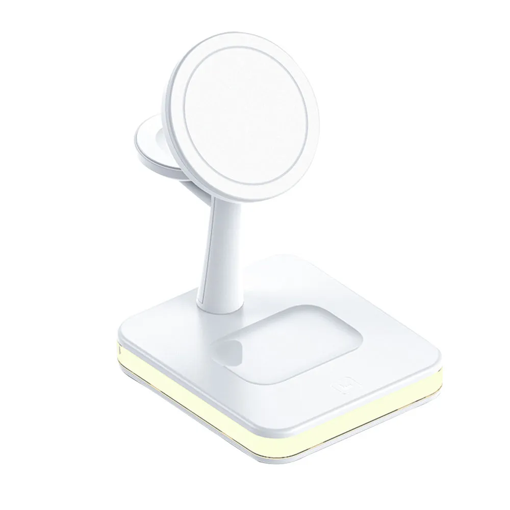 3-in-1 wireless charger magnetic bracket charging smartphone, watch, and earbuds on a desk